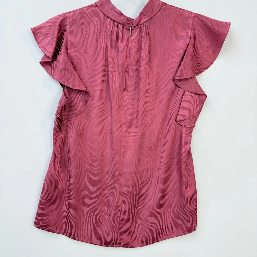Rebecca Taylor Blouse Womens Small Pink Silk Blend Zebra Flutter Sleeve Top‎